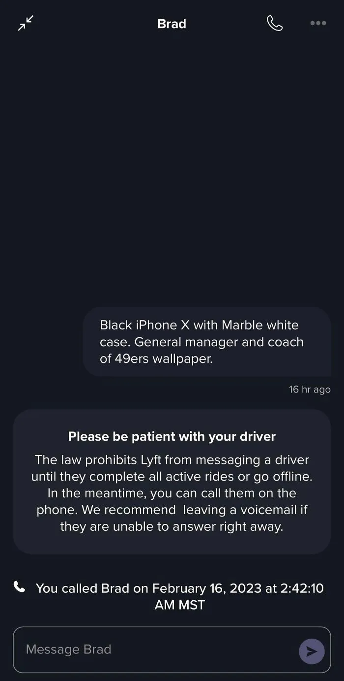 Lyft driver communication screen with message about driver contact rules and call details on a phone app interface.