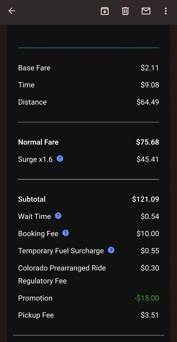 Ride receipt showing multiple ridiculous fees including surge, booking, and fuel surcharge charges.