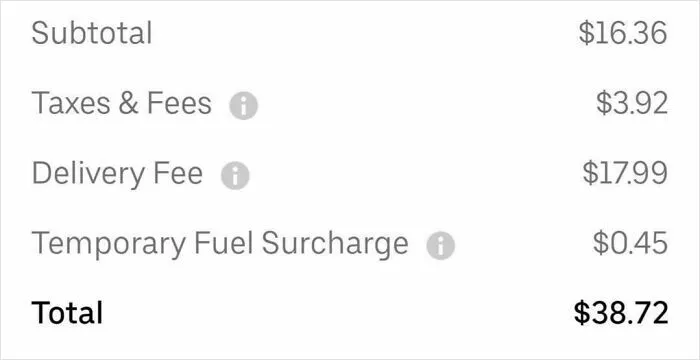 Receipt showing ridiculous fees including delivery fee and temporary fuel surcharge, highlighting frustrating extra charges.
