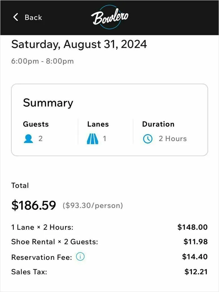Bowling reservation receipt showing a high total with fees including reservation and shoe rental charges.
