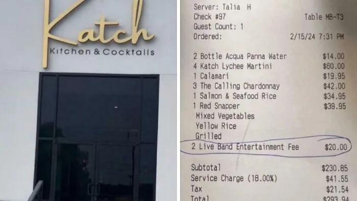 Restaurant exterior of Katch Kitchen & Cocktails and receipt showing a $20 live band entertainment fee, highlighting ridiculous fees.