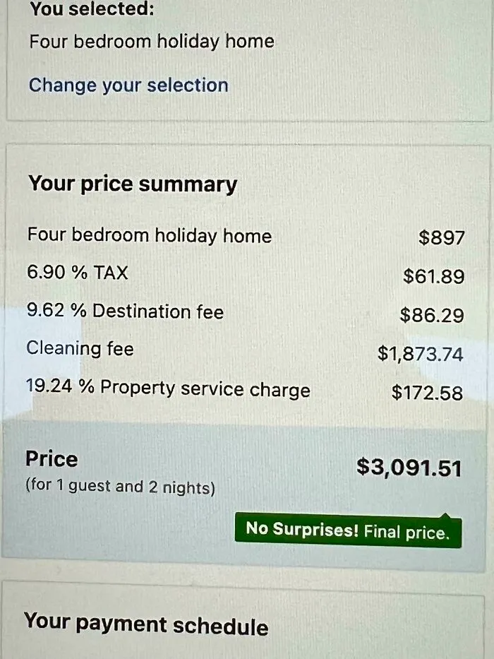 Price summary for a four bedroom holiday home showing multiple fees including tax, destination fee, cleaning fee, and service charge.