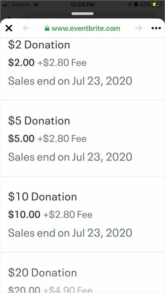 Screenshot showing Eventbrite donation options with additional fees, highlighting ridiculous fees people had right to be mad about.