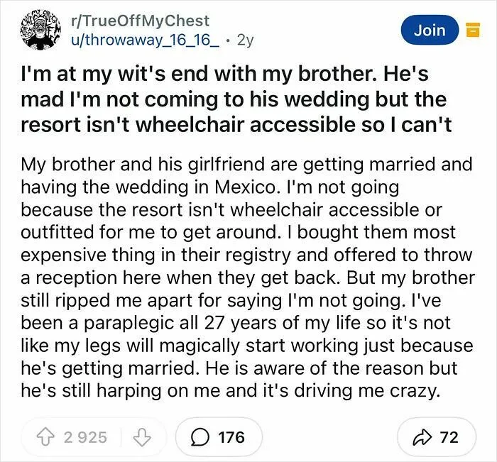 Groomzilla Is Angry That His Sister Can't Attend His Wedding Because The Resort They Chose Isn't Wheelchair Accessible. That's Some Pretty Impressive Entitlement