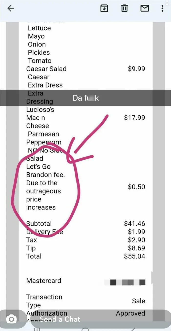 Receipt showing a ridiculous fee labeled Let's Go Brandon added due to outrageous price increases on a food order.
