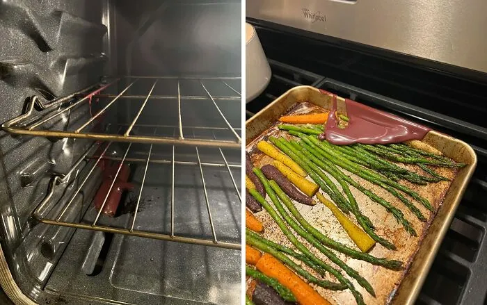 Empty oven rack left inside accidentally, with a roasting pan of vegetables placed on top, illustrating forgotten items mishap.