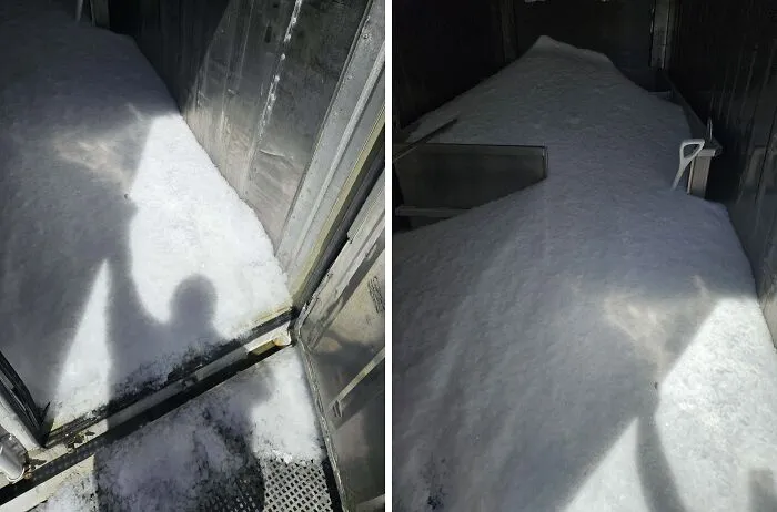 Tenemos una máquina de hielo en escamas a granel en mi trabajo y en el turno de la noche pasada nos olvidamos de apagarla, esto es lo que pasó al tenerla funcionando toda la noche.