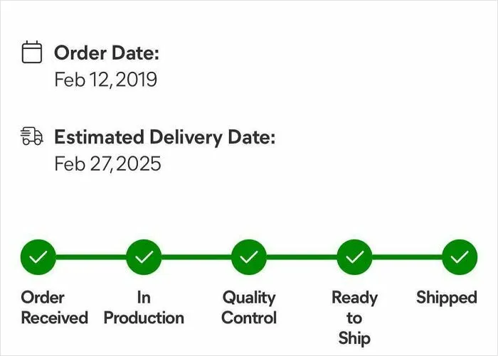 Order tracking timeline showing order received, in production, quality control, ready to ship, and shipped stages with delayed delivery date.