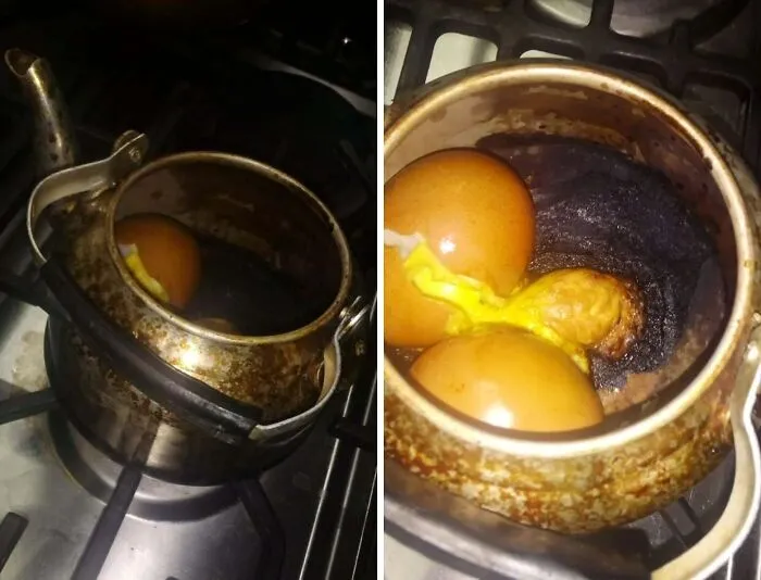 Eggs forgotten to boil inside a rusty kettle causing burnt and exploded yolk, a funny unfortunate cooking mishap.