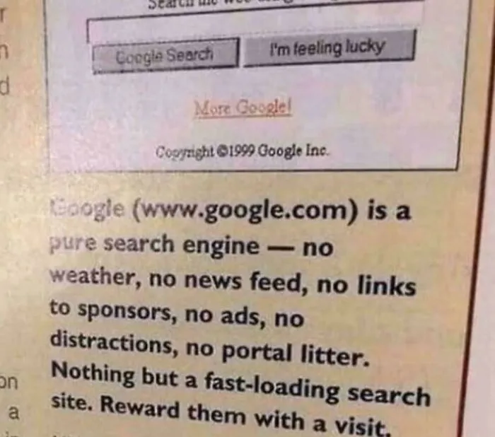 Un anuncio de Google de 1999 que promociona su motor de búsqueda