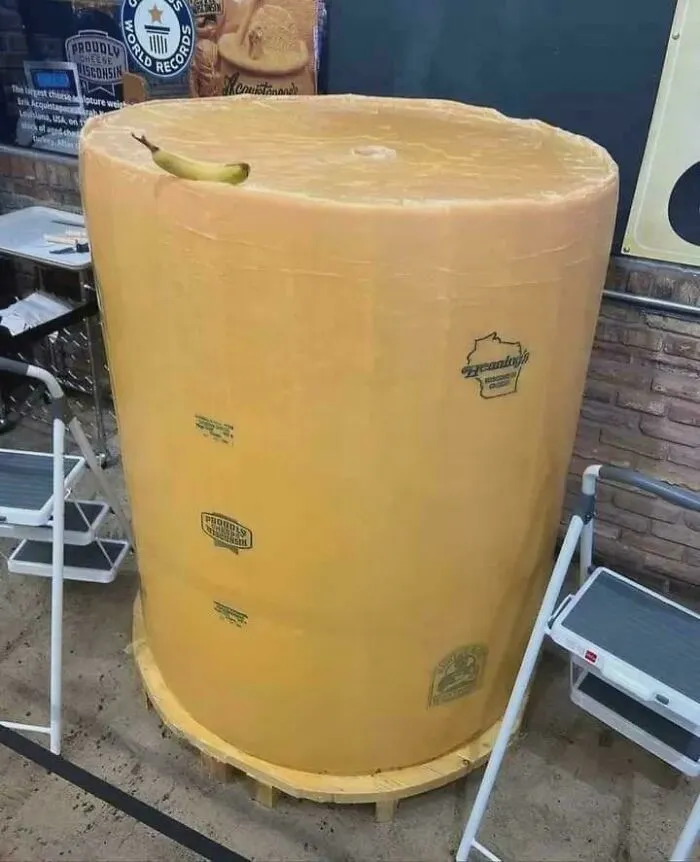 Gran bloque de queso gigante en exhibición, destacando datos fascinantes que sorprenden por su tamaño y peso récord mundial.