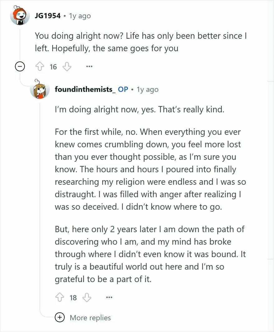 Reddit conversation with people raised Mormon discussing their experiences and recognizing Mormonism as a cult.