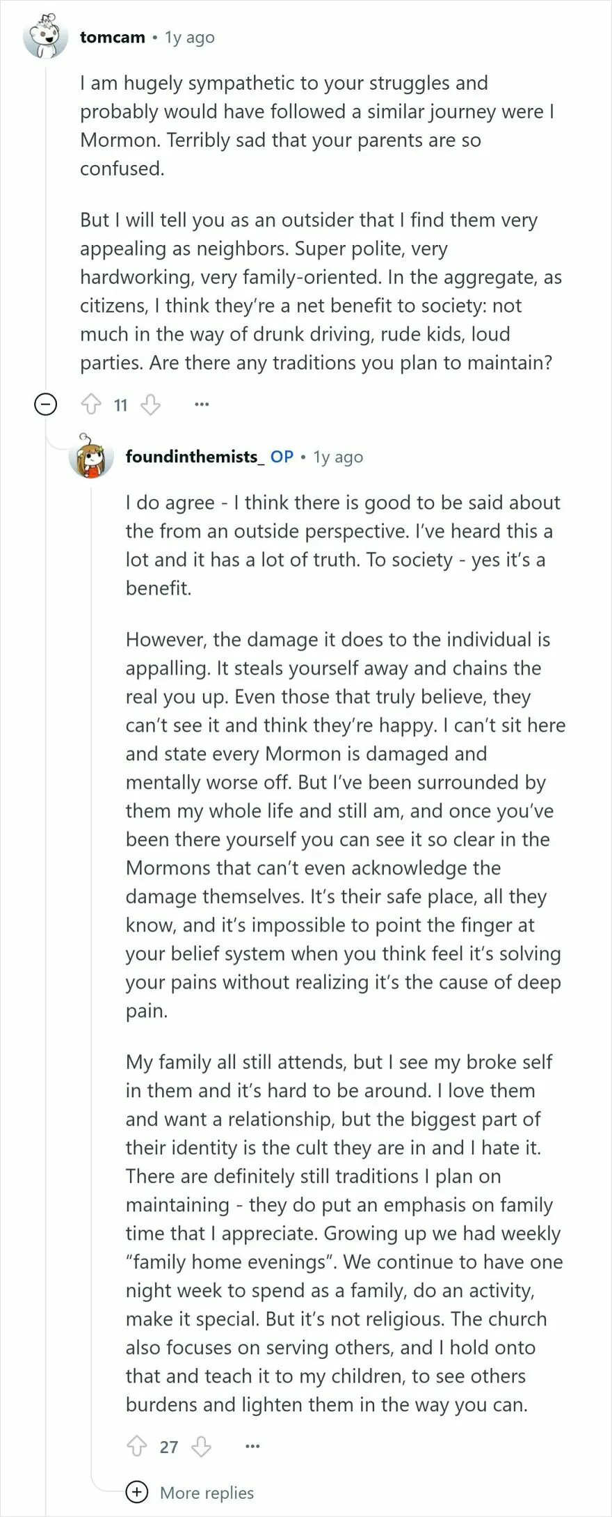 Reddit conversation discussing experiences of people raised Mormon and views on Mormonism being a cult and its impact.