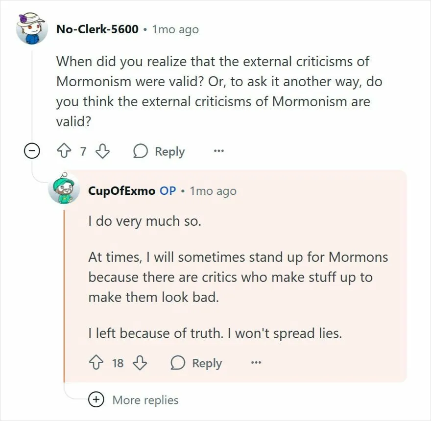 Reddit conversation where a former Mormon explains why external criticisms of Mormonism are valid.
