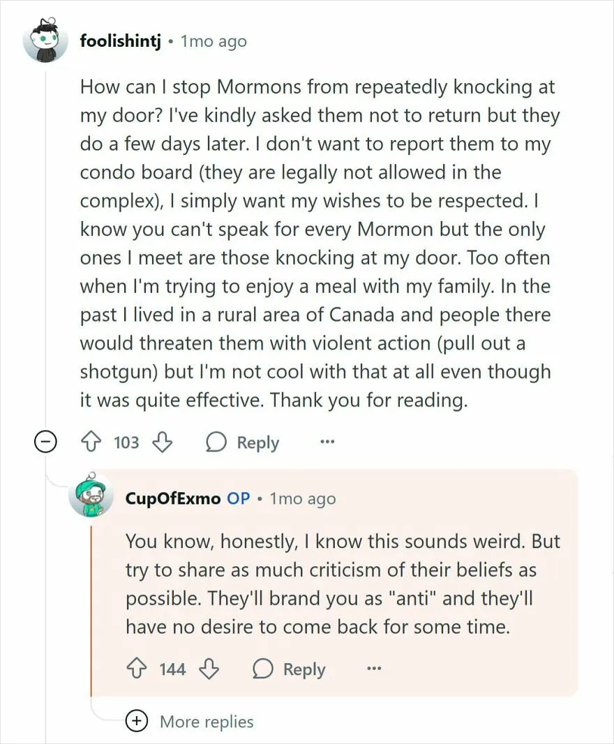 Reddit user discussing how to handle persistent Mormon visitors and sharing criticism of Mormon beliefs online.