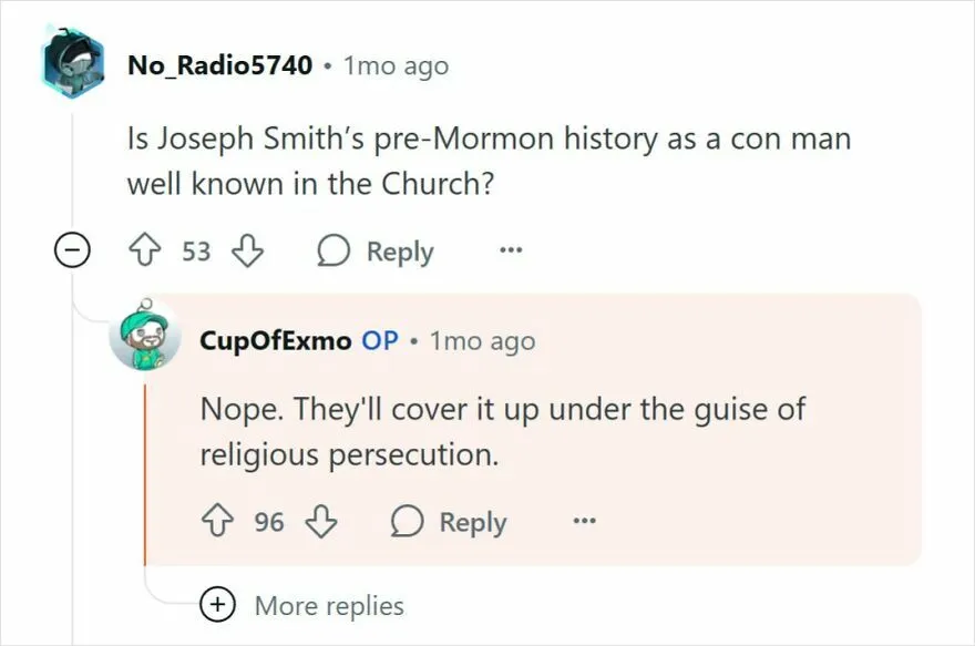 Reddit conversation about Mormon history and religious persecution from people raised Mormon discussing cult beliefs.