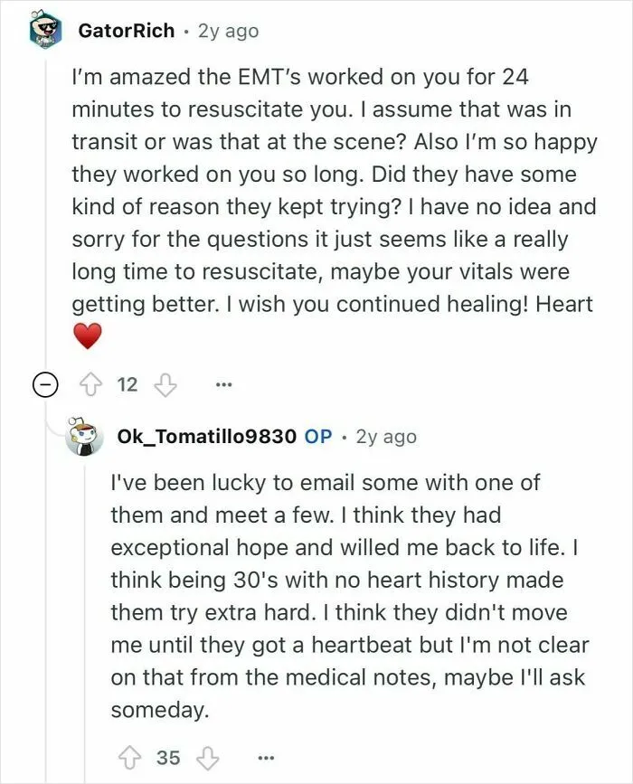 Reddit conversation where woman who died for 24 minutes explains how EMTs resuscitated her with hope and persistence.
