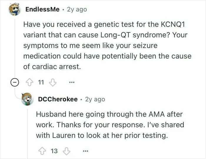 Reddit conversation discussing genetic testing related to cardiac arrest in a woman who died for 24 minutes.