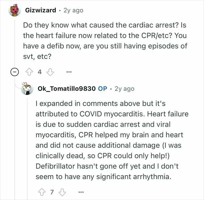 Reddit user explains cardiac arrest caused by COVID myocarditis and recovery details after woman who died for 24 minutes.