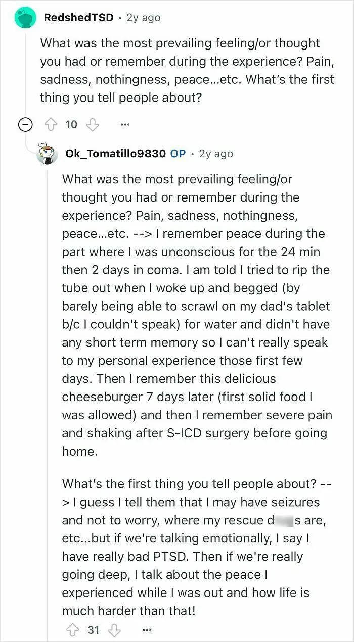 Reddit user describing feelings and memories during being unconscious for 24 minutes, answering questions about near-death experience.