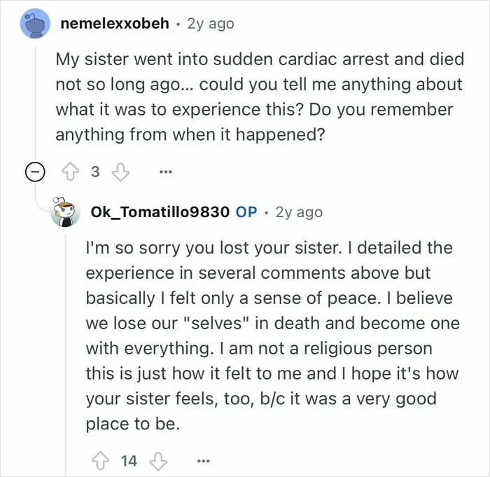 Reddit user shares experience of near-death peace after cardiac arrest, answering questions about dying and afterlife feelings.