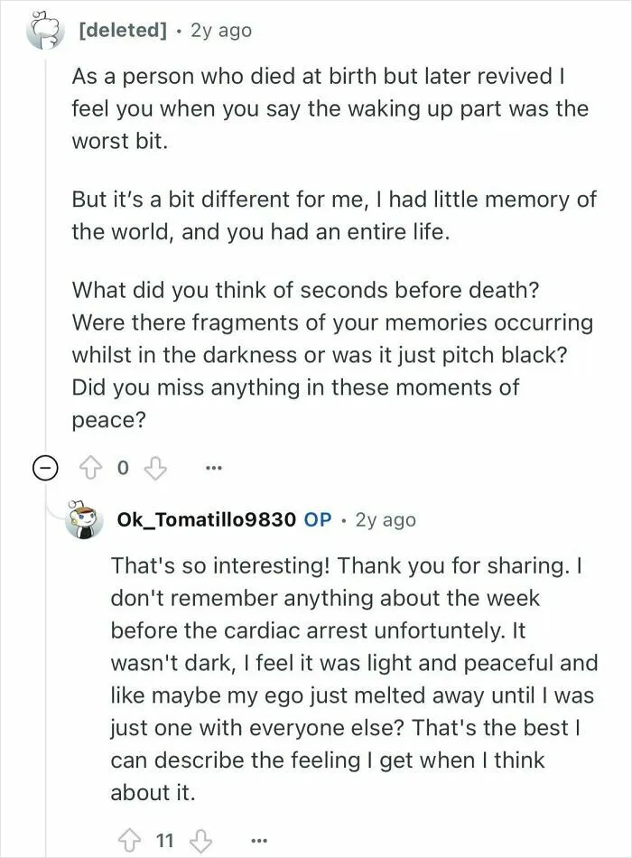 Reddit users discuss experiences of a woman who died for 24 minutes and shares memories before cardiac arrest.