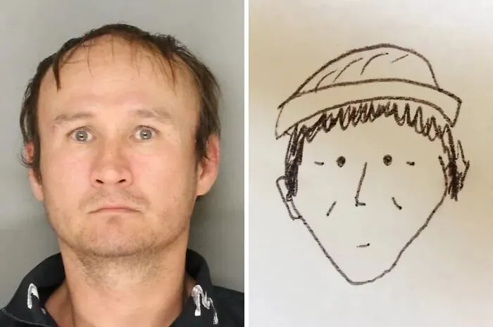 Hombre con expresión seria en foto junto a dibujo simple que intenta replicar sus rasgos faciales, datos fascinantes.