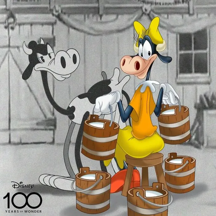 Vintage and modern versions of Clarabelle Cow side by side, illustrating beloved character evolution over time by an artist.