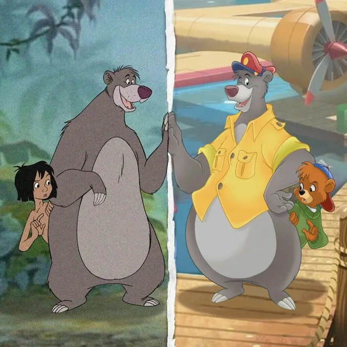 Split image showing the evolution of beloved characters Baloo and Mowgli with updated animation styles over time.
