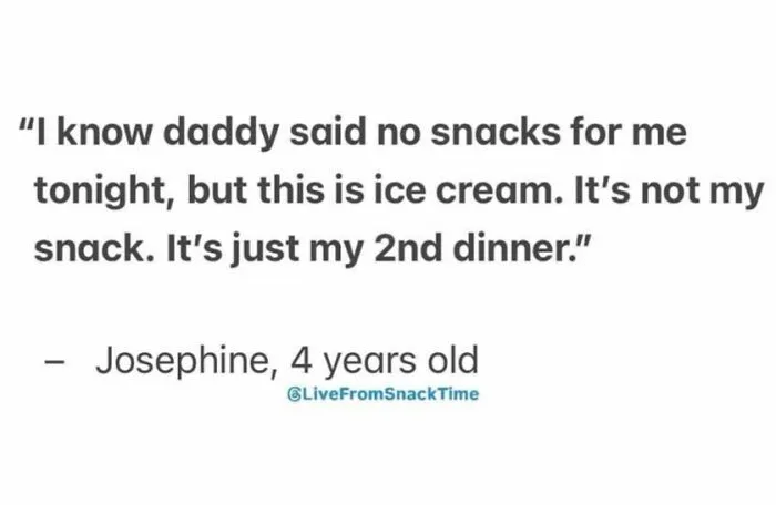 Quote from a kid about snacks, shared on Live From Snack Time, showcasing funny and relatable kids' snack time moments.