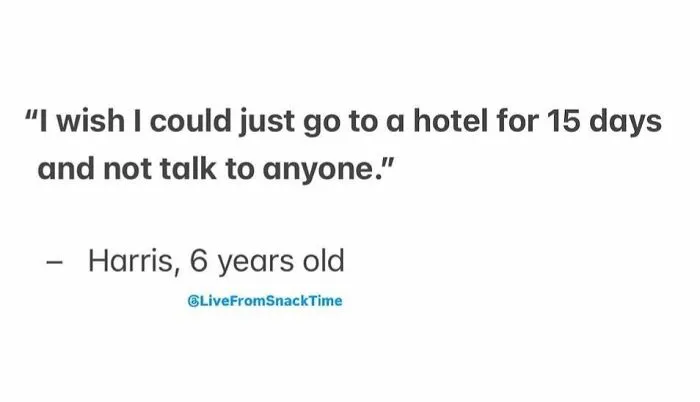 Child quote from Live From Snack Time about wanting peace at a hotel, showing kids delivering good quotes to share.