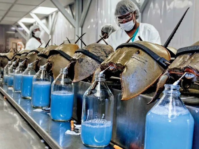 Fotos médicas muestran extracción de sangre de cangrejos herradura en laboratorio con personal usando equipo de protección