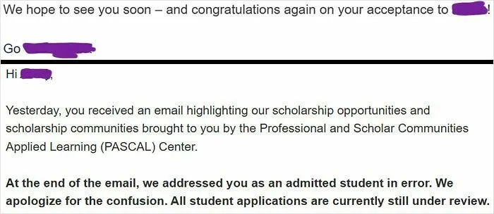 Email screenshot showing a message about scholarship opportunities and admission status for students in schools.