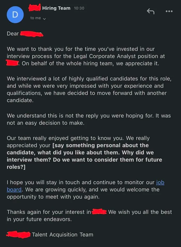 My Girlfriend's Rejection Email. You Can't Make This Up