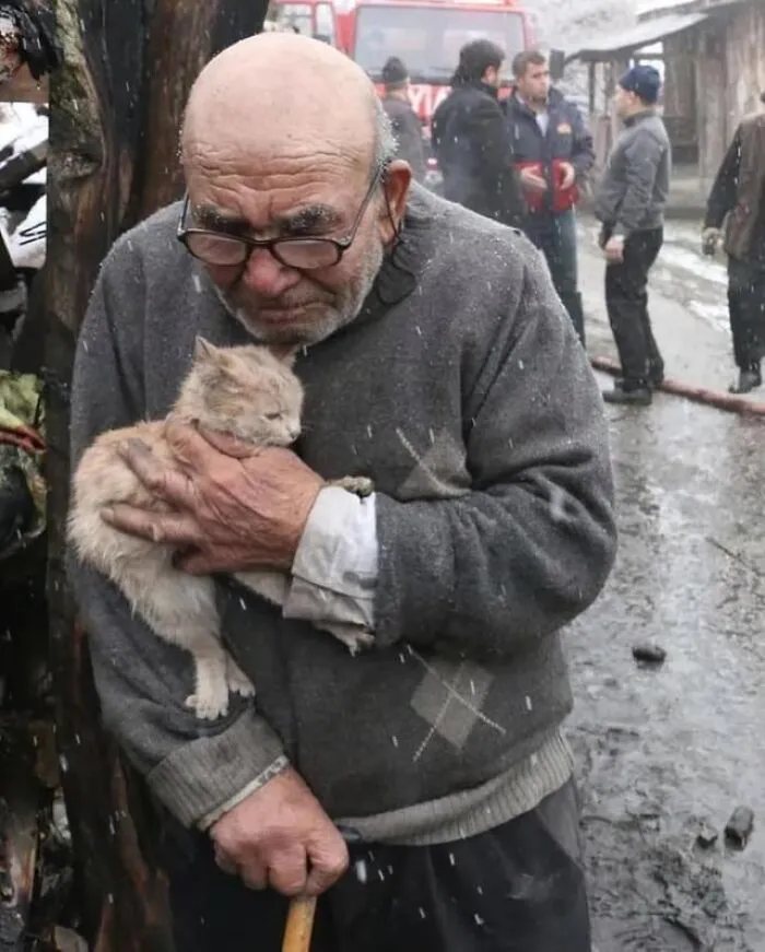 An 83-Year-Old Man From Turkey, Hugging His Kitten During His House Fire