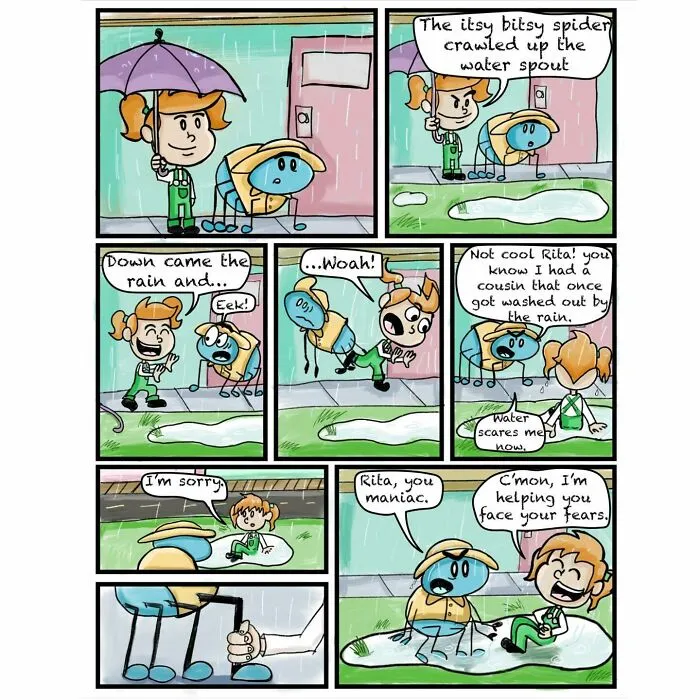 Comic panels showing a girl and her spider best friend in rain, highlighting their quirky and wholesome friendship moments.