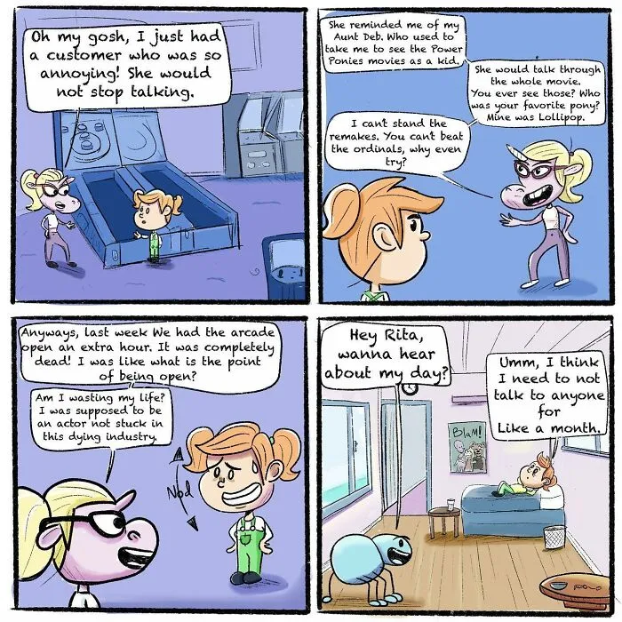 Comic panels showing a girl and her spider friend discussing annoying customers and the girl's tough day in a whimsical setting.