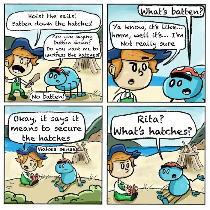 Comic strip of a girl and her spider best friend humorously misunderstanding nautical terms on a beach.