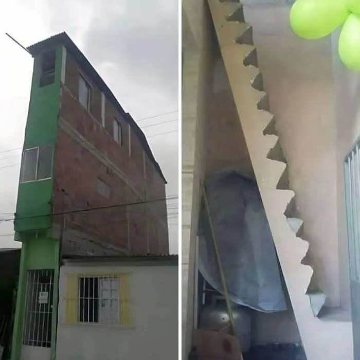 Narrow, unstable building with poorly designed stairs showing hilariously dumb engineering mistakes.