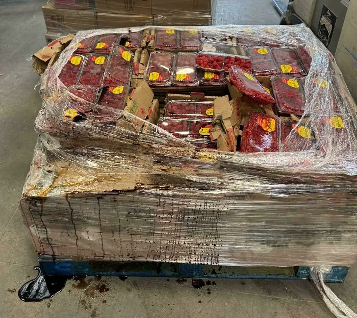 Alguien puso una paleta pesada encima de estas frambuesas, que, lo creas o no, no aguantan mucho peso