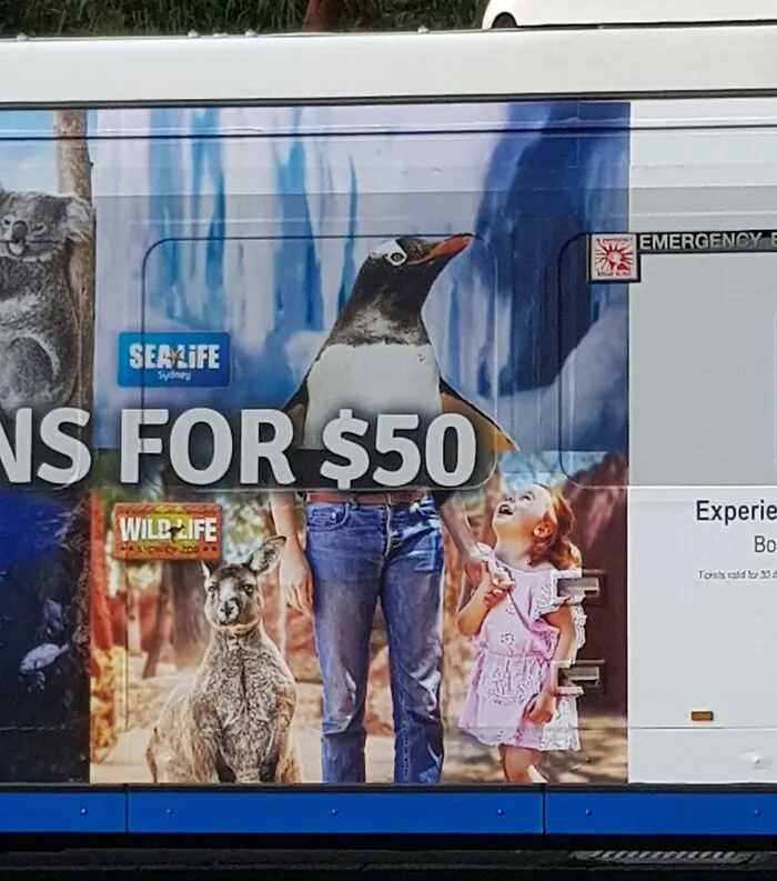 Publicidad en un autobús con un cabeza de pingüino mal alineada, mostrando un divertido fallo publicitario visual.