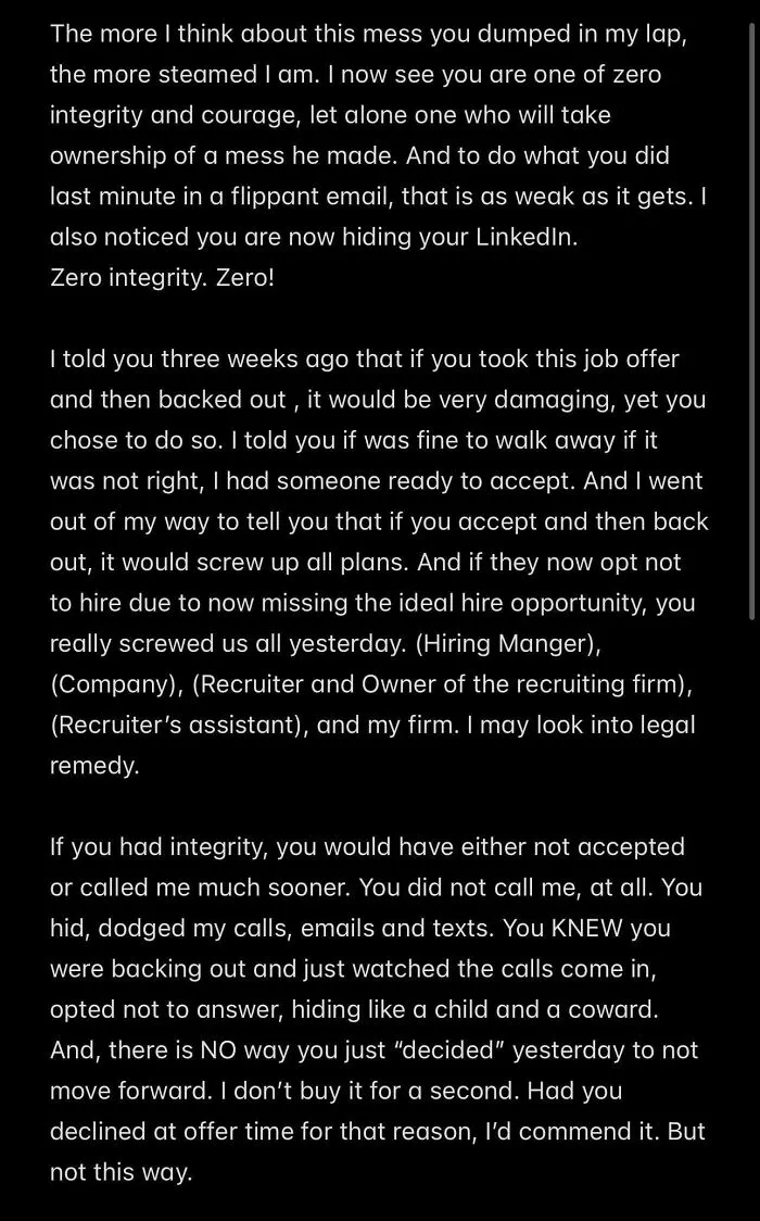 Text screenshot showing a heated message about job offer rejection highlighting issues with integrity and communication.