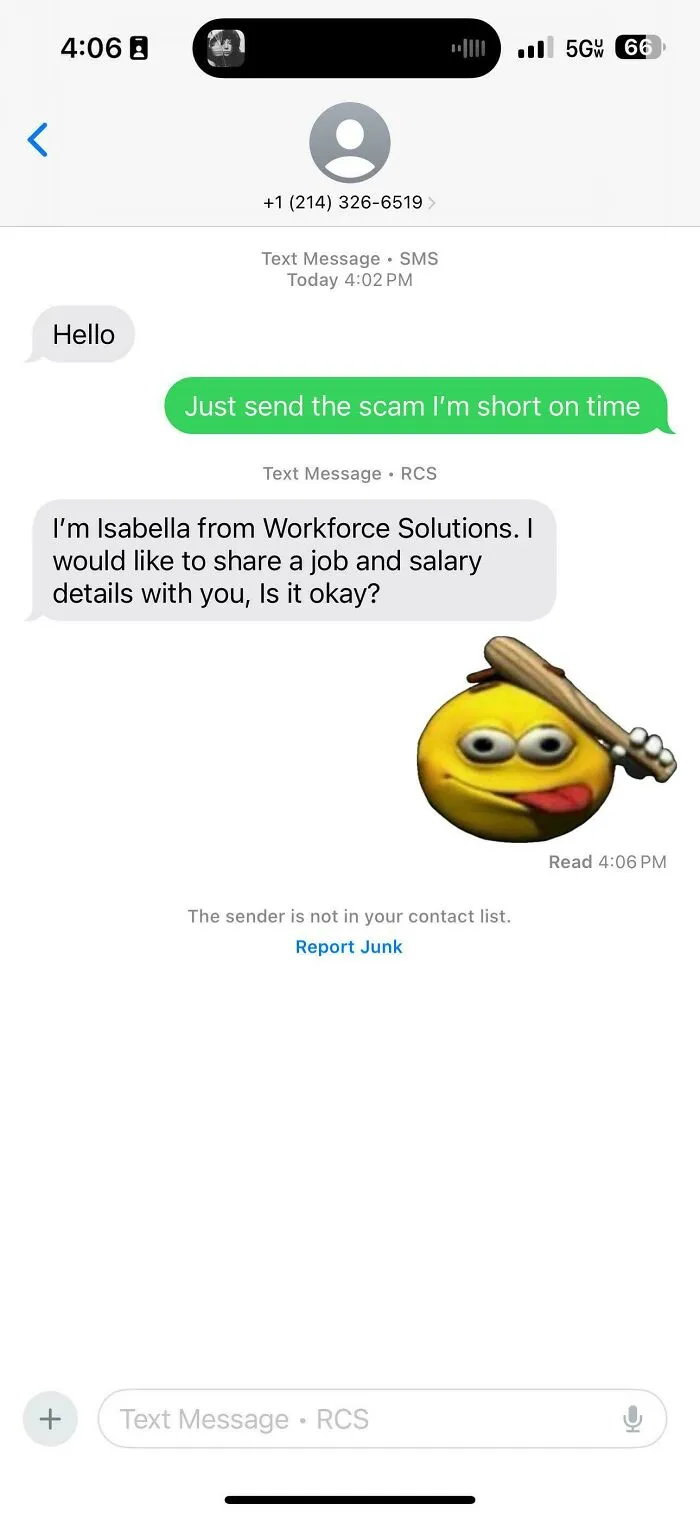 Text message exchange showing a suspicious job offer scam with an emoji holding a bat, highlighting outrageous job requirements.