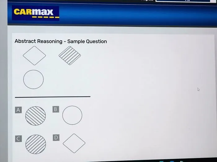 CarMax abstract reasoning sample question shown on computer screen for job requirements assessment.