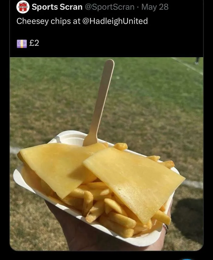 Hand holding a tray of chips topped with large slices of cheese, an example of stupid dishes trend.