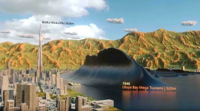 A terrifyingly large tsunami wave towering over the Burj Khalifa and a city, illustrating extremely large things.