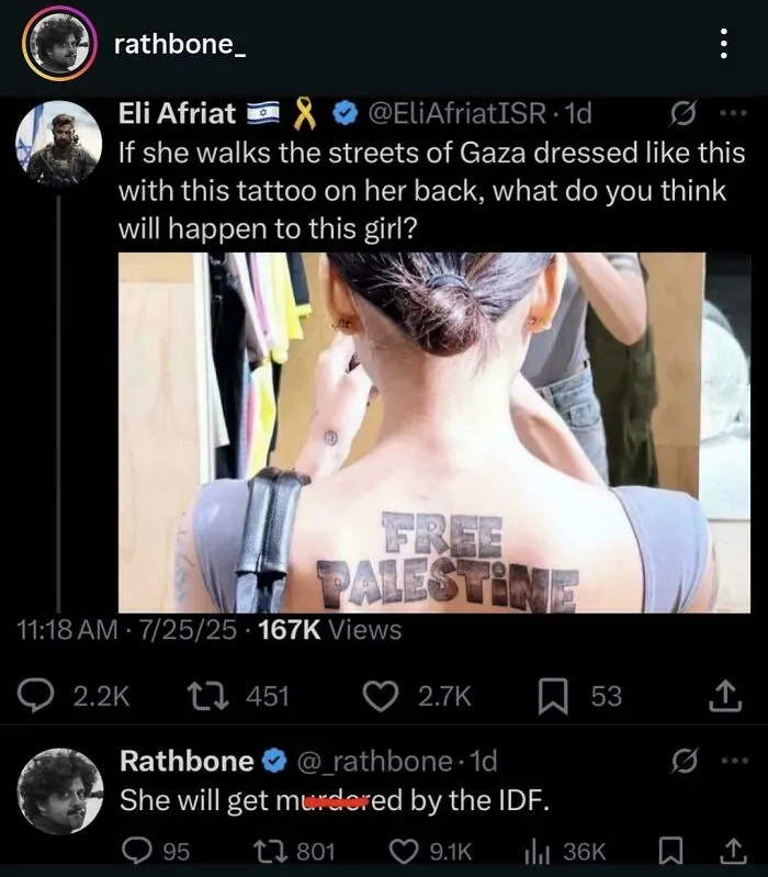 Screenshot of a failed attempt tweet showing a woman with a Free Palestine tattoo on her back.