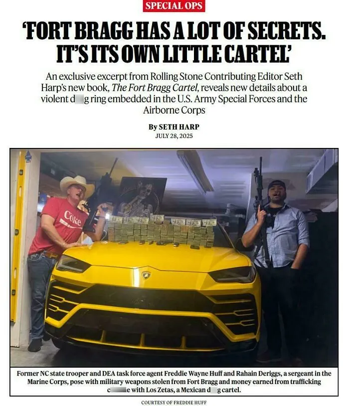 Two men posing with military weapons and stacks of cash on a yellow sports car in a failed there was an attempt moment.