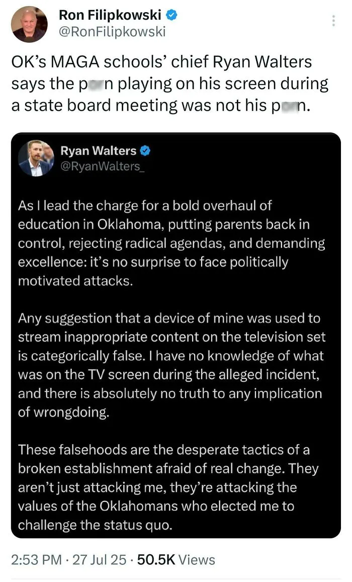 Tweet screenshot showing a public figure denying streaming inappropriate content during a state board meeting, a failed attempt moment.