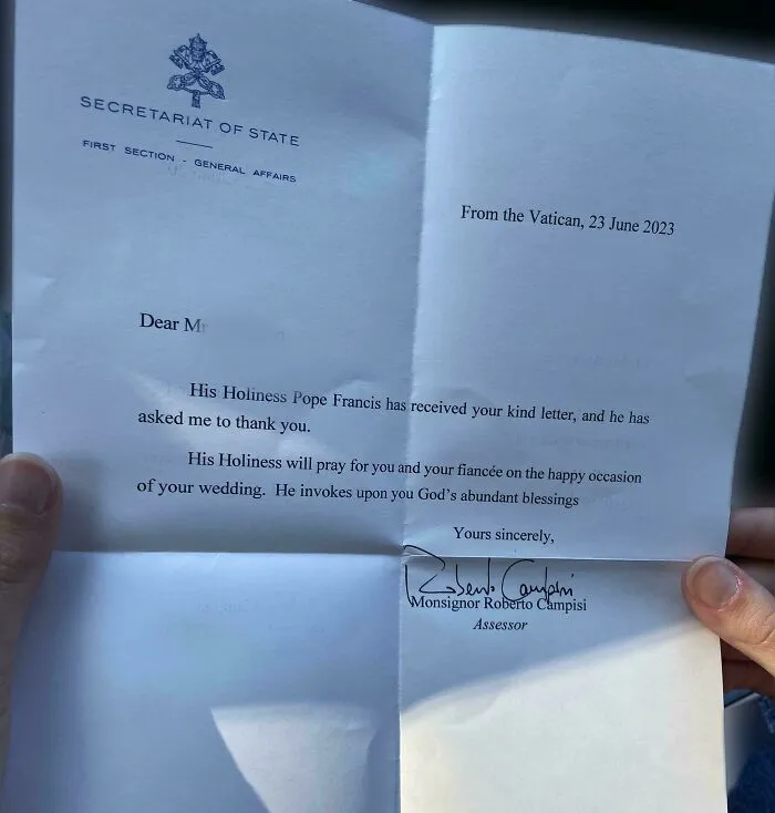 My Wife And I Sent A Wedding Invite To Pope Francis For Fun When We Were Engaged And This Was The Vatican’s Response